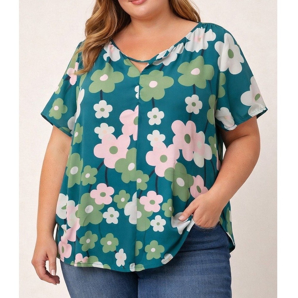 Zapelle Womens 1X 18W Teal Pink Floral V-Neck Short Sleeve Blouse Top Retro 60s